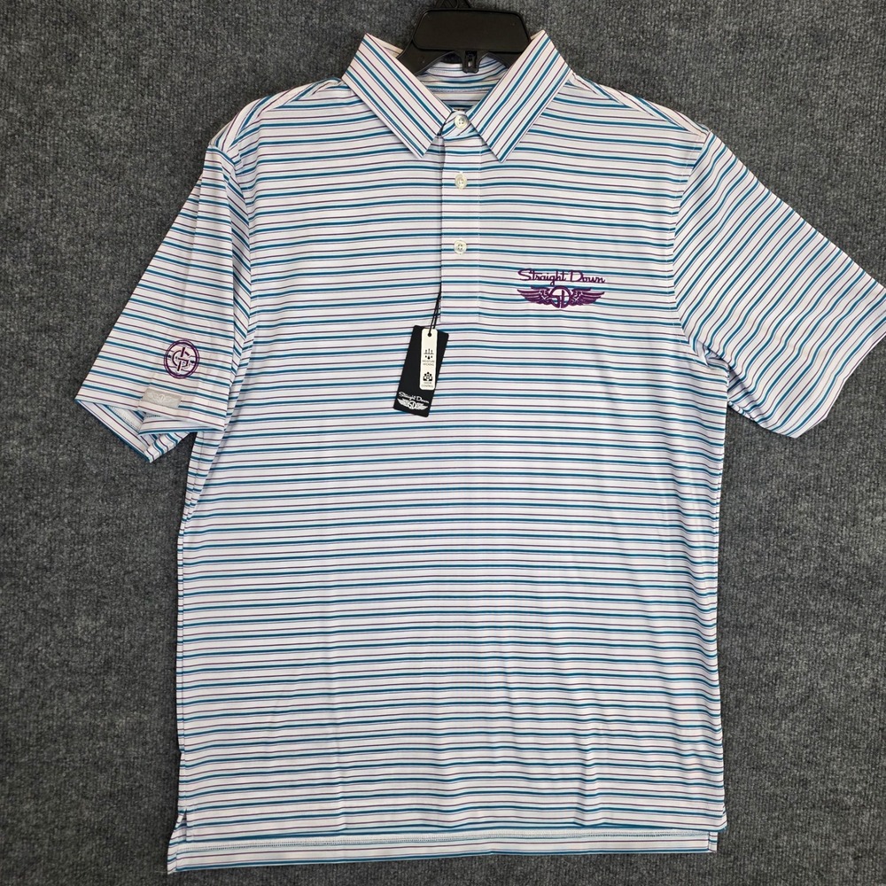 NWT Straight Down Polo Shirt Mens M White Striped Performance Golf Club Logo